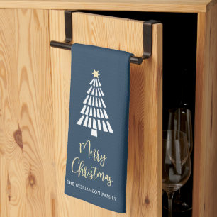 Navy Merry Christmas Script 3 Trees Simple Custom Tea Towel