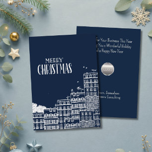 Navy Merry Christmas Townscape Business Silver 