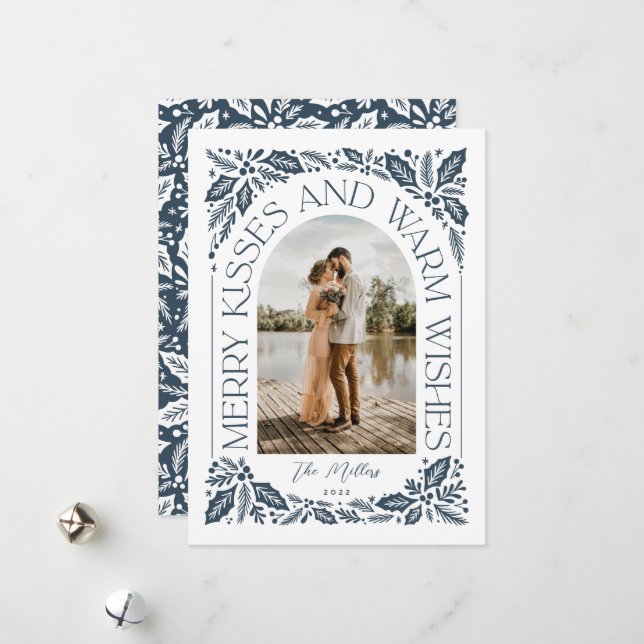 Navy Merry Kisses and Warm Wishes Berry Arch Photo Holiday Card (Front/Back In Situ)
