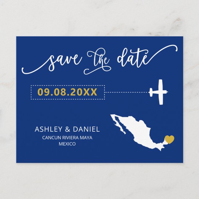 Navy Mexico Wedding Save the Date Map Postcard (Front)