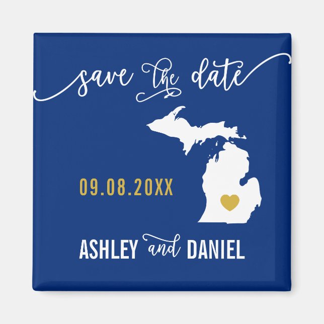 Navy Michigan Wedding Save the Date Map Magnet (Front)