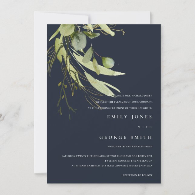 NAVY MINIMAL LEAF GREEN FOLIAGE WATERCOLOR WEDDING INVITATION (Front)