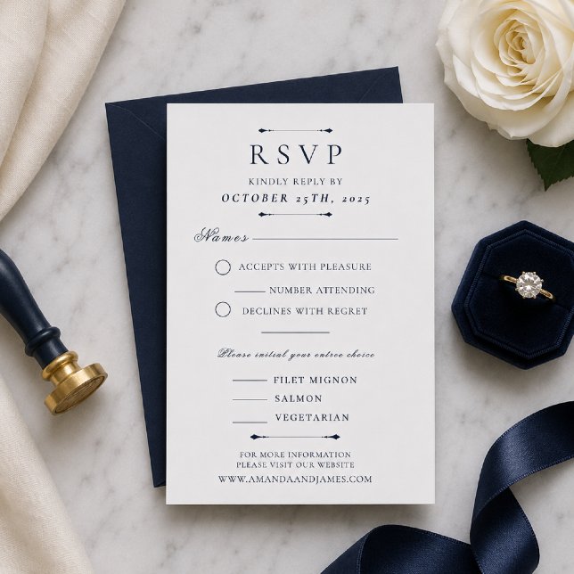 Navy Minimal Luxury Wedding RSVP Card Template (Elegant navy RSVP card with timeless luxury wedding styling.)