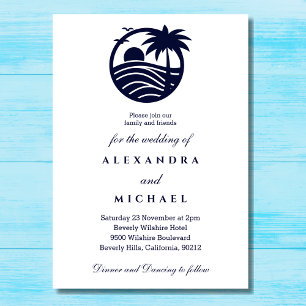 Navy Minimalist Palm Tree Coastal Wedding Invitation