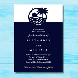 Navy Minimalist Palm Tree Coastal Wedding  Invitation