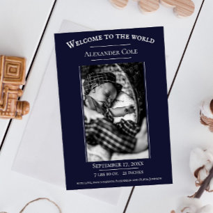 Navy Minimalist Photo Birth Announcement