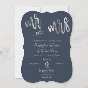 Navy Minimalist Silver Foil Script Mr Mrs Wedding Invitation