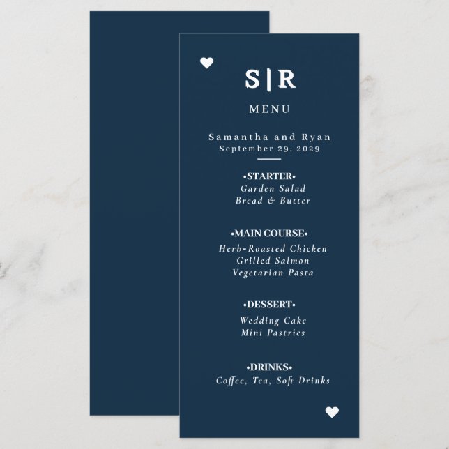 Navy Minimalist Wedding Menu  (Front/Back)