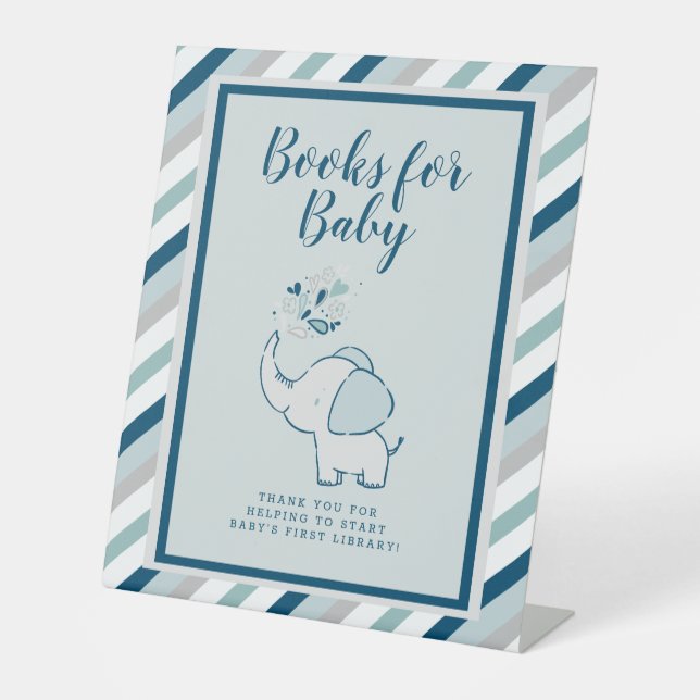 Navy & Mint Books for Baby Elephant Baby Shower Pedestal Sign (Front)
