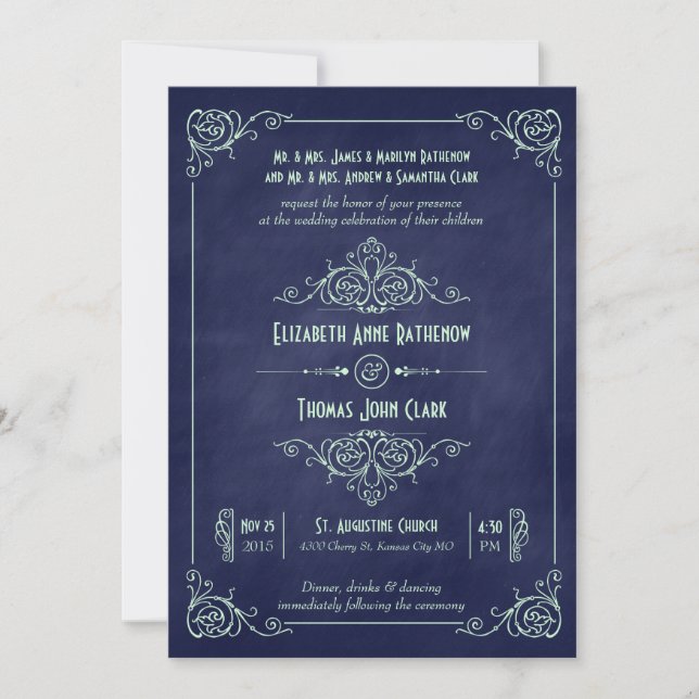 Navy & Mint Chalkboard Deco Wedding Invitations (Front)