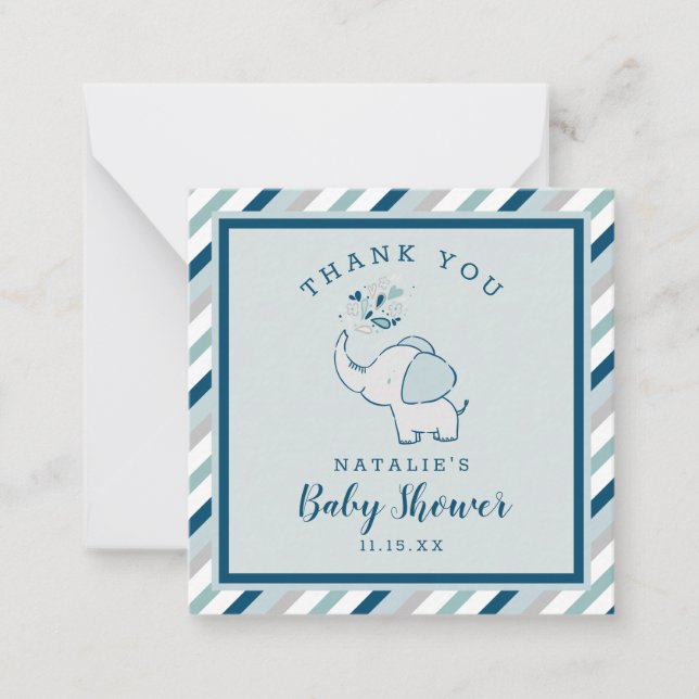 Navy & Mint Cute Elephant Baby Shower Thank You Card (Front)