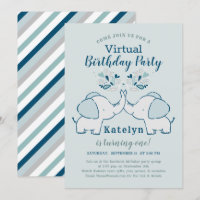 Navy & Mint Cute Elephant Virtual Birthday Party