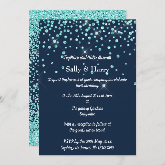 Navy Mint Diamonds wedding Aqua Green crystal Invitation (Front/Back)