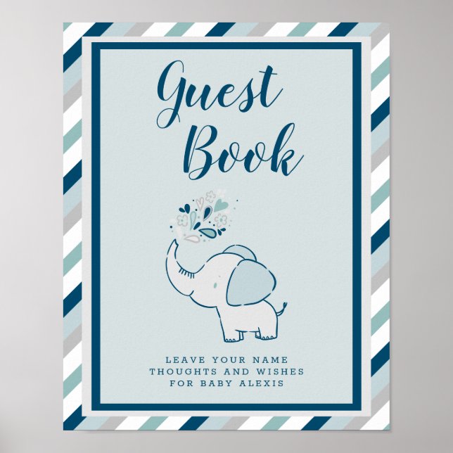 Navy & Mint Elephant Baby Shower Guest Book Sign (Front)