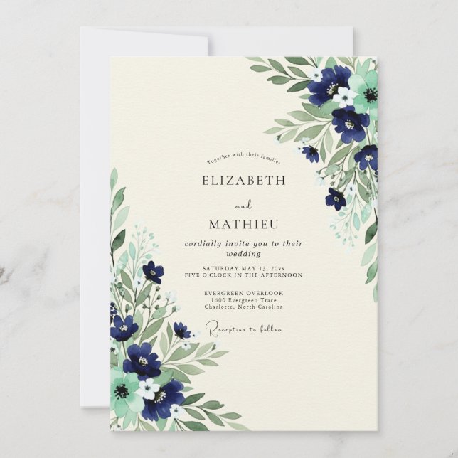 Navy Mint Exquisite Botanical Wedding Invitation (Front)