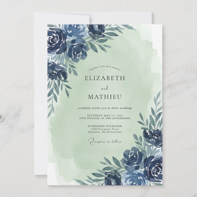 Navy Mint Foliage Eucalyptus Wedding Invitation (Front)