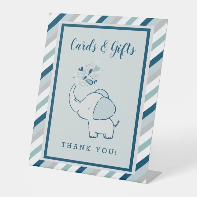 Navy Mint Green Elephant Baby Shower Cards & Gifts Pedestal Sign (Front)