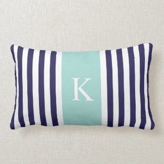 Navy Mint Green Stripes Monogram Lumbar Cushion