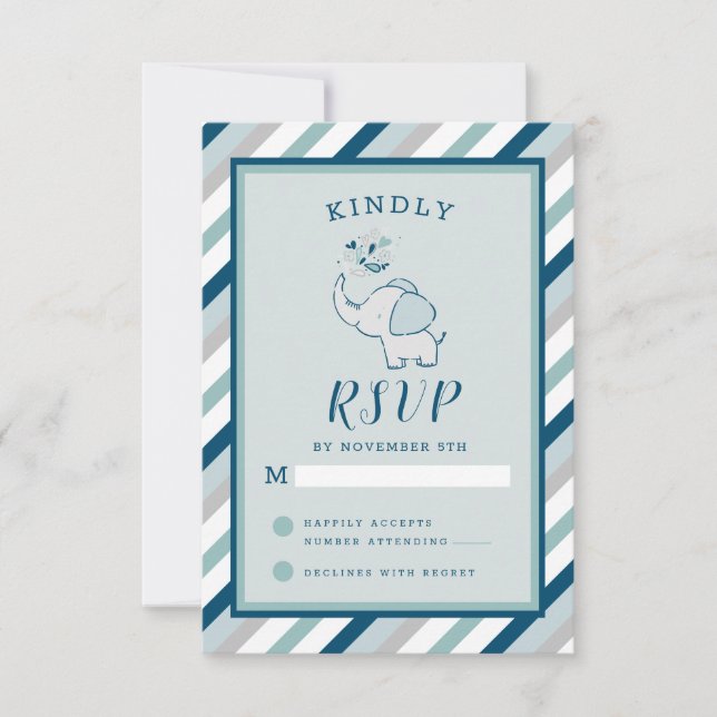 Navy Mint & Grey Cute Elephant Baby Girl RSVP Card (Front)