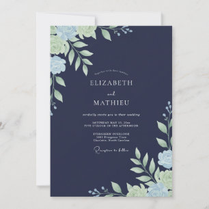 Navy Mint Leafy Wedding Invitation