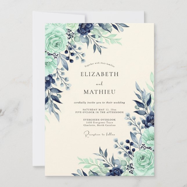 Navy Mint Lush Botanical Wedding Invitation (Front)