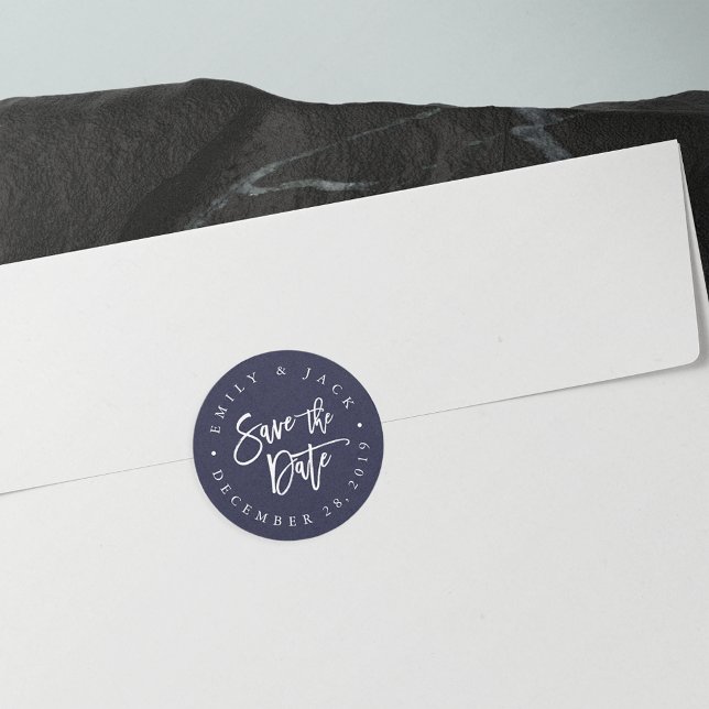 Navy | Modern Brush Lettered Save the Date Classic Round Sticker (Creator Uploaded)
