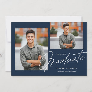 Navy Modern Calligraphy Script 3 Photo Graduation Announcement