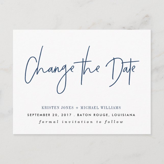 Navy Modern Change the Date Announcement Postcard (Front)