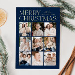 Navy Modern Christmas 9 Photo Collage<br><div class="desc">Modern Christmas photo card featuring "Merry Christmas" displayed at the top of the design in trendy gold foil lettering with a navy background. A photo collage of 9 photos is shown below in a grid-style layout. Personalize the multi-photo Christmas card with your family name. The foil card reverses to display...</div>