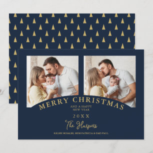 Navy Modern Elegant Chic Christmas 2 Photos Family Invitation