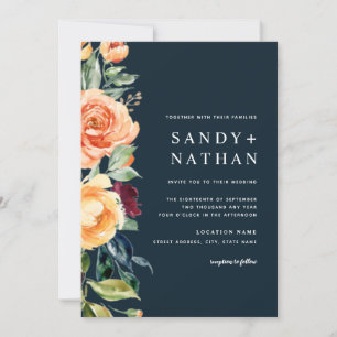 Navy Modern Floral Blossoms Wedding Invitation