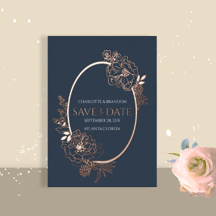 Navy Modern Floral Sketch Oval Save the Date 