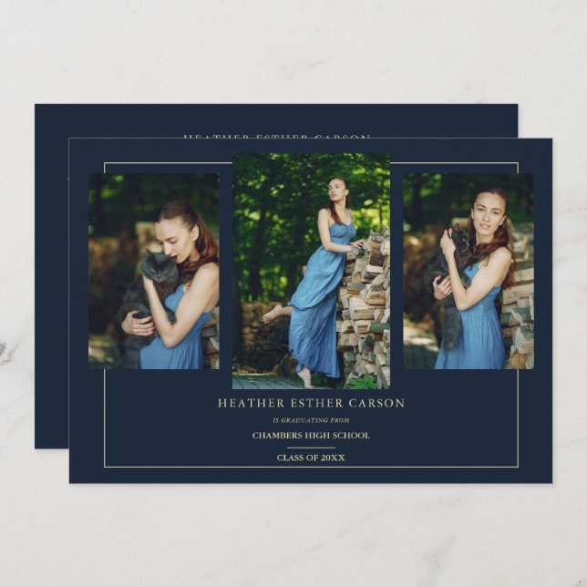 Navy Modern Gold 3 Photos Sophisticated Graduation Invitation (Front/Back)