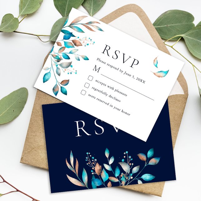 Navy Modern Greenery Rustic Wedding RSVP Card (Creator Uploaded)