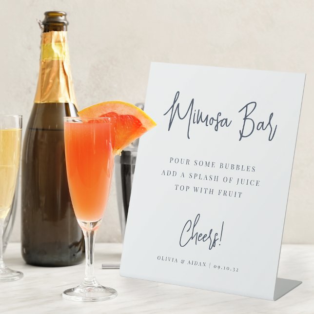 Navy | Modern Handwritten Script Mimosa Bar Pedestal Sign (Creator Uploaded)