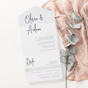 Navy   Modern Handwritten Script Wedding All In One Invitation