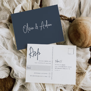 Navy Modern Handwritten Script Wedding RSVP Postcard