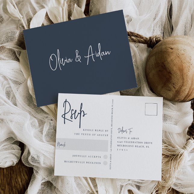 Navy | Modern Handwritten Script Wedding RSVP Postcard (Creator Uploaded)