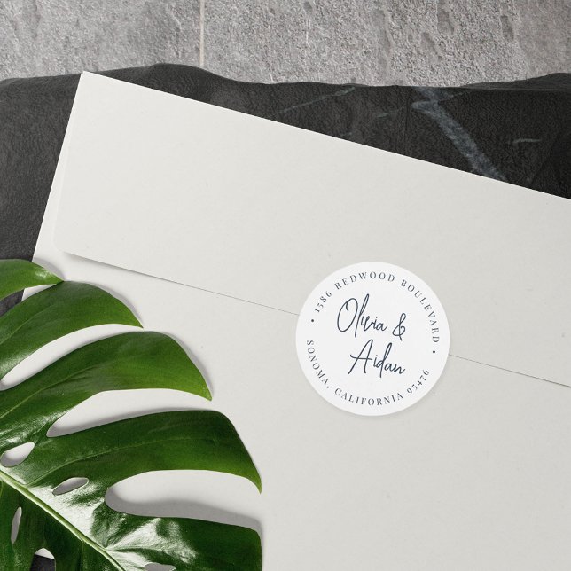 Navy | Modern Handwritten Wedding Return Address Classic Round Sticker (Creator Uploaded)