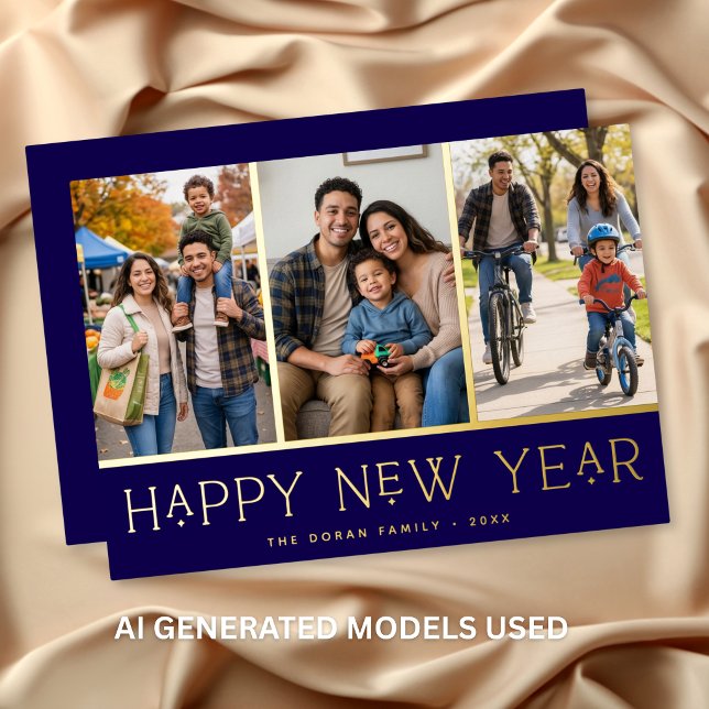 Navy Modern Happy New Year Photo Collage (Navy Modern Happy New Year Photo Collage Foil Holiday Card)