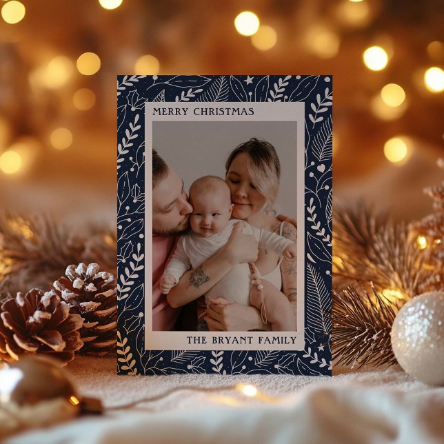 Navy Modern Holly and Leaves Artwork Frame Holiday Card (Creator Uploaded)