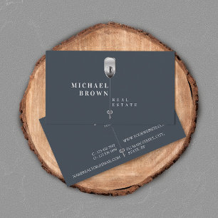 Navy Modern Metallic Key Real Estate Business Card