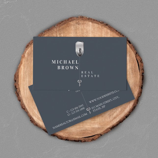 Navy Modern Metallic Key Real Estate Business Card (Creator Uploaded)