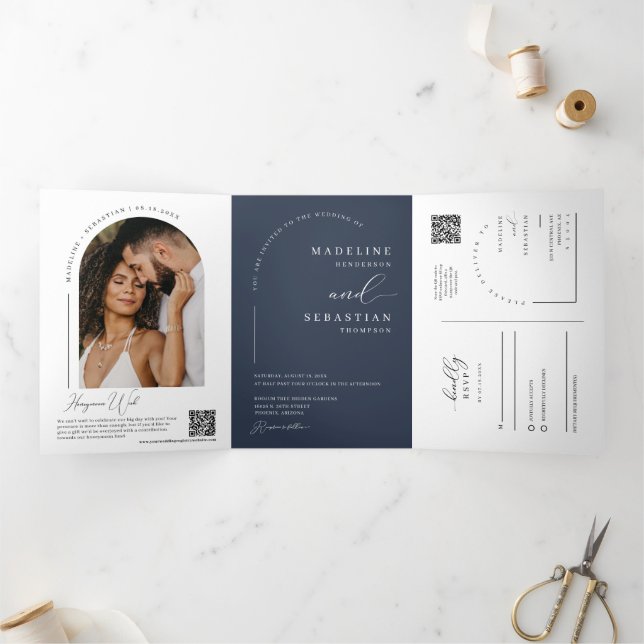 Navy Modern Minimal Arch Photo QR Code Wedding Tri-Fold Invitation (Inside)