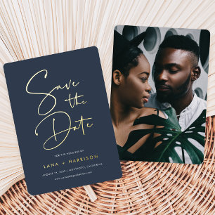Navy   Modern Minimal Script Photo Save the Date