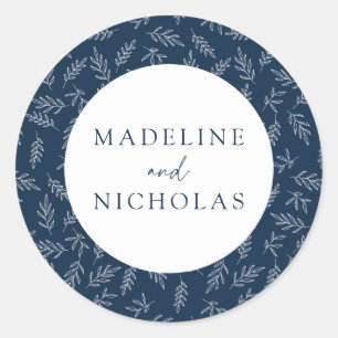 Navy Modern Minimalist Botanical Wedding Classic Round Sticker