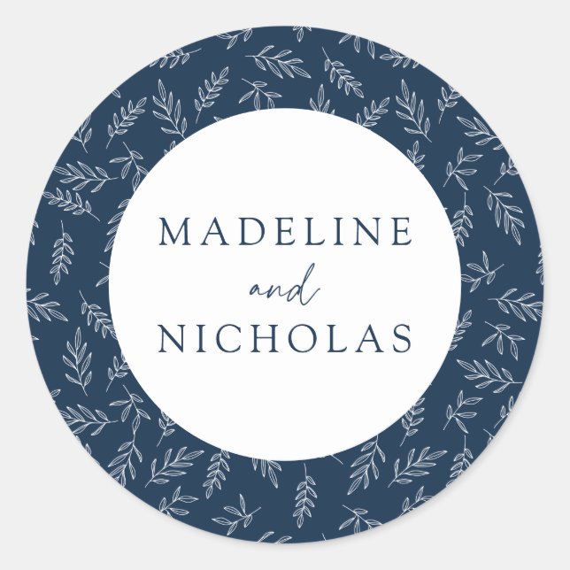 Navy Modern Minimalist Botanical Wedding Classic Round Sticker (Front)