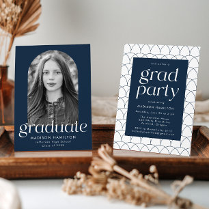 Navy   Modern Minimalist Photo Graduation Party Invitation
