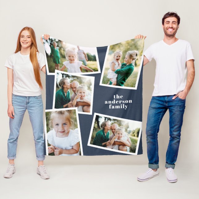 Navy modern multi photo family home decor gift fleece blanket (In Situ)