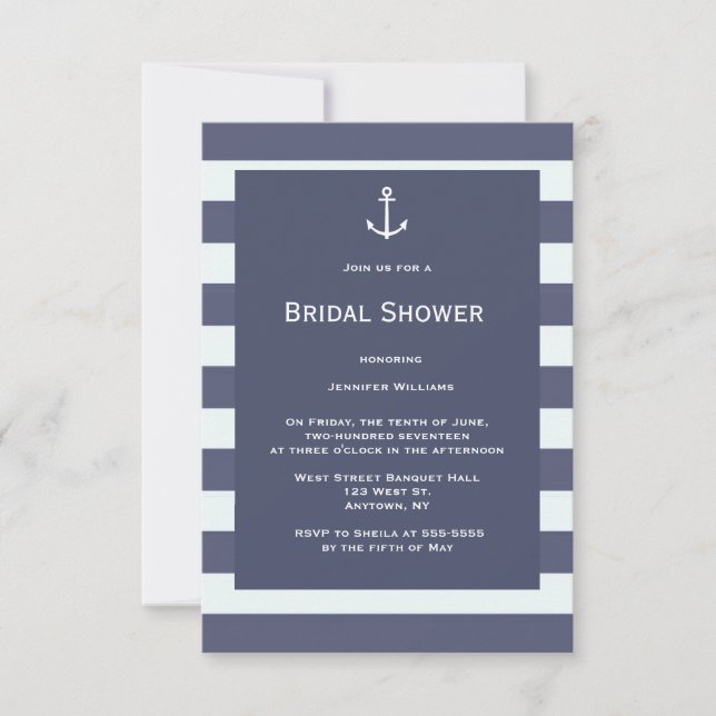 Navy modern nautical bridal shower invitations (Front)